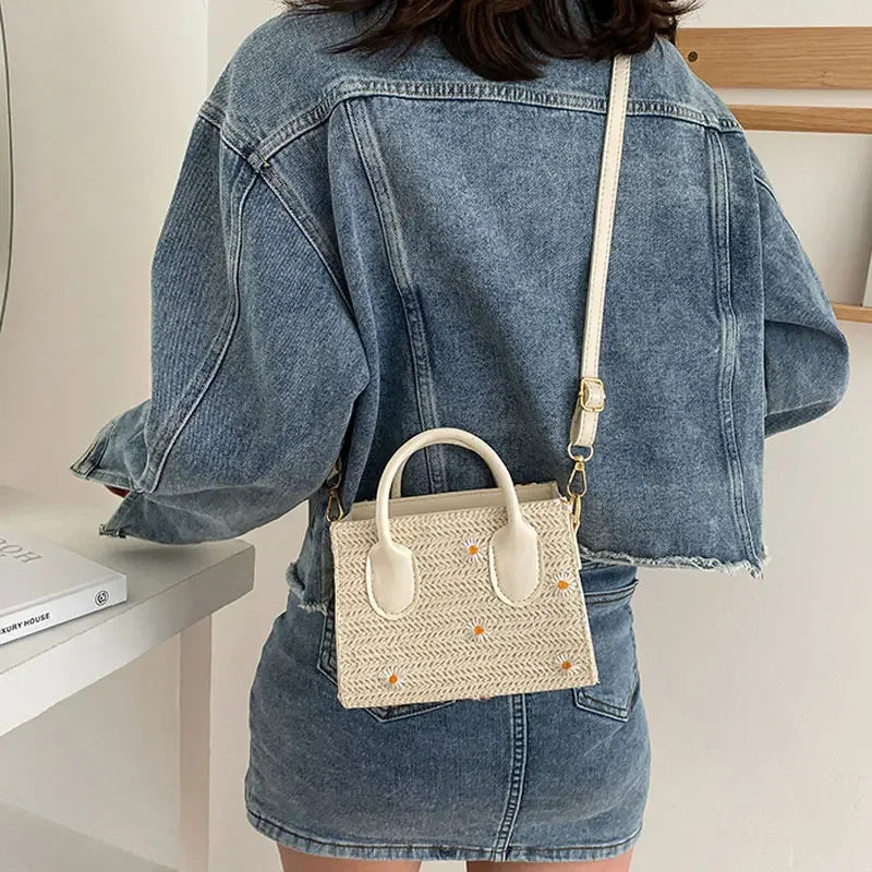 bags : Gevlochten Handtas Dames Beige - Bloem Accenten Bohemian - Stro in van Pantino