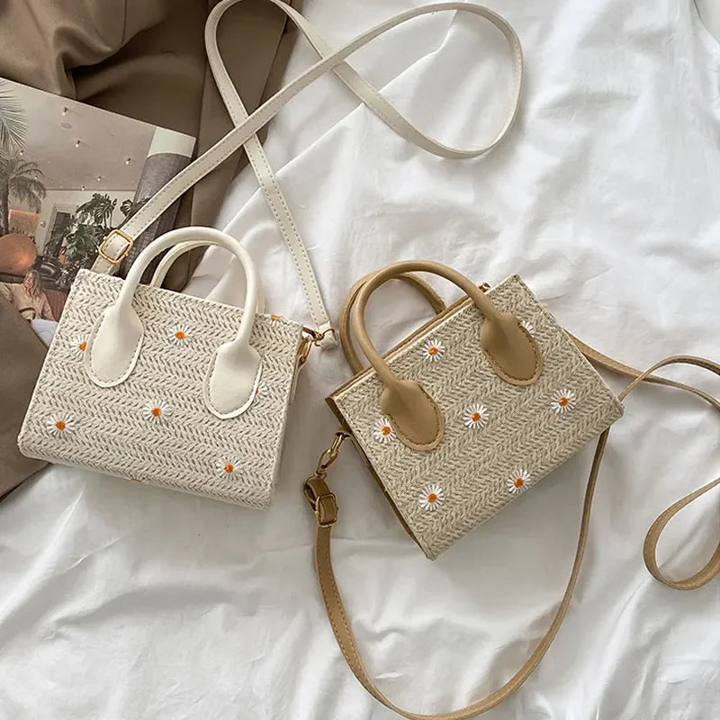 bags : Gevlochten Handtas Dames Beige - Bloem Accenten Bohemian - Stro in van Pantino
