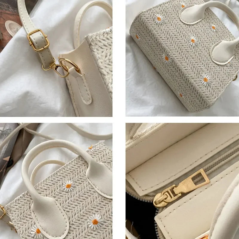 bags : Gevlochten Handtas Dames Beige - Bloem Accenten Bohemian - Stro in van Pantino