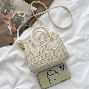 bags : Gevlochten Handtas Dames Beige - Bloem Accenten Bohemian - Stro in van Pantino