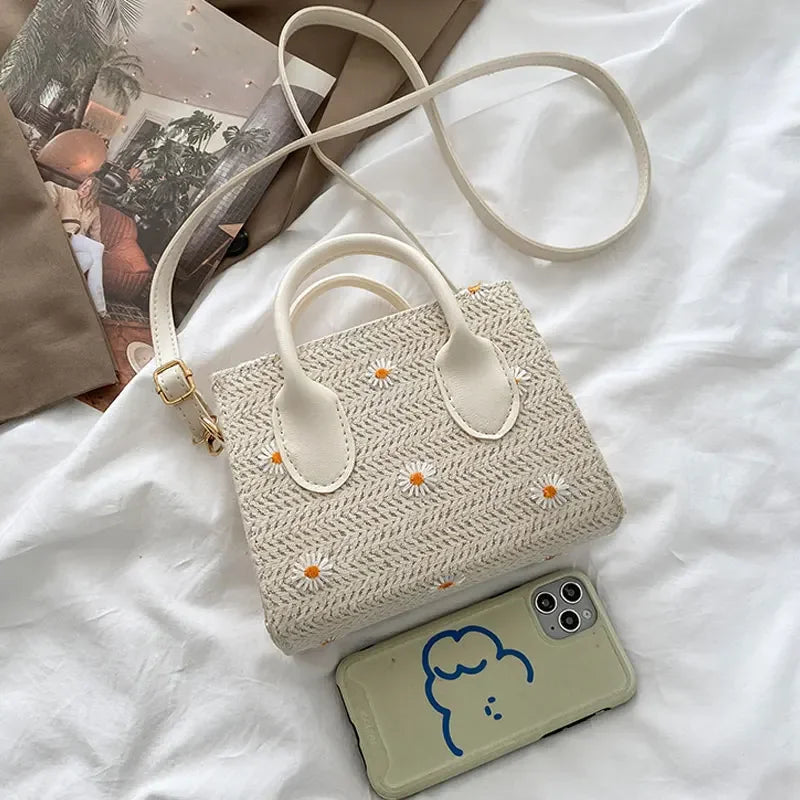 bags : Gevlochten Handtas Dames Beige - Bloem Accenten Bohemian - Stro in van Pantino