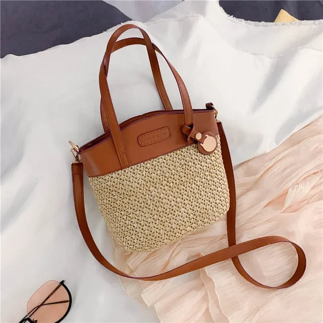 bags : Schoudertas Dames - Geweven Patroon PU-Patchwork Vintage - Stro in Groot van Pantino