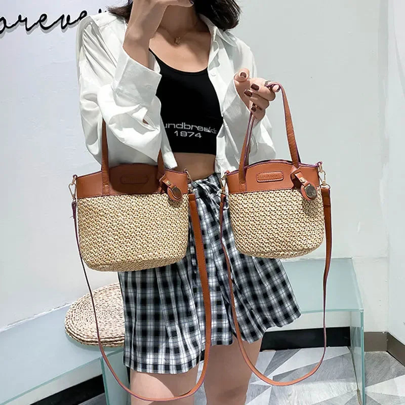 bags : Schoudertas Dames - Geweven Patroon PU-Patchwork Vintage - Stro in van Pantino