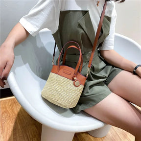 bags : Schoudertas Dames - Geweven Patroon PU-Patchwork Vintage - Stro in van Pantino