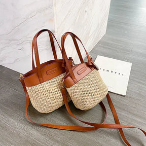bags : Schoudertas Dames - Geweven Patroon PU-Patchwork Vintage - Stro in van Pantino