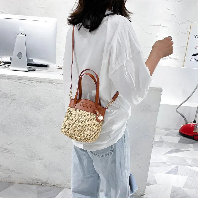 bags : Schoudertas Dames - Geweven Patroon PU-Patchwork Vintage - Stro in van Pantino
