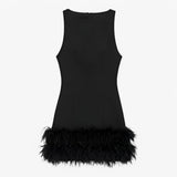 Mini robe femme noire avec plumes - Robe cocktail élégante sans manches