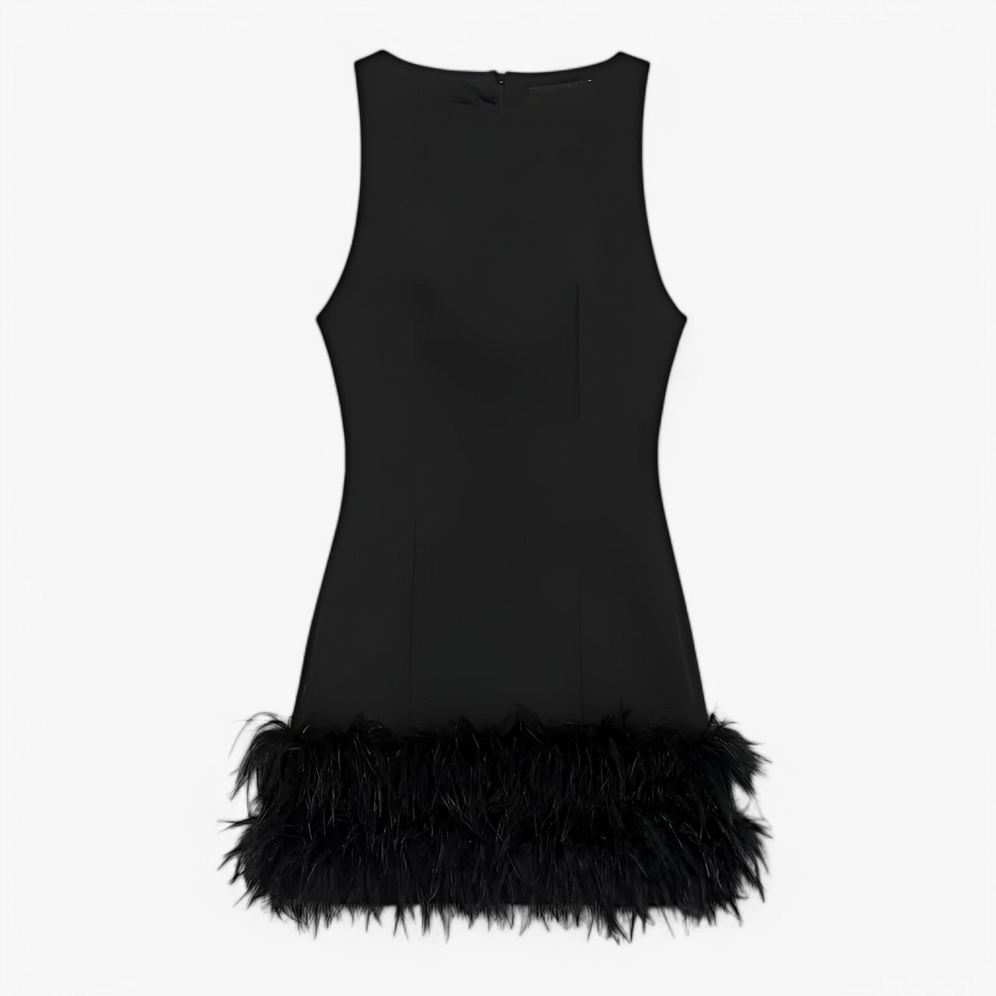 Damesjurken : Mini Jurk Dames Zwart met Veren - Elegante Mouwloze Cocktailjurk in Zwart van Pantino