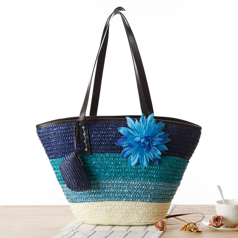 bags : Schoudertas Dames Paars - Strand Stro in Blauw van Pantino