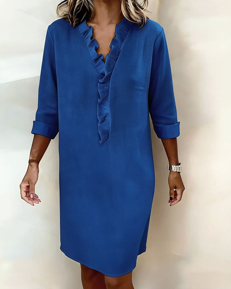 Jurken : Jurk Dames - Casual Katoen-Linnen met V-halslijn & Ruches in van Pantinoshop