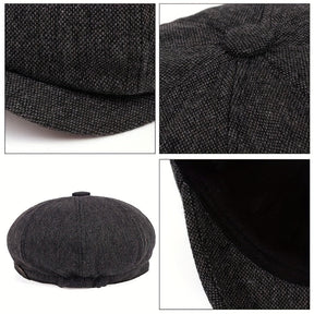 Flat Cap : Baret Heren Zwart - Retro Pet met Acht Stofpanden in Visgraattweed, Casual Gestreepte in van Pantino