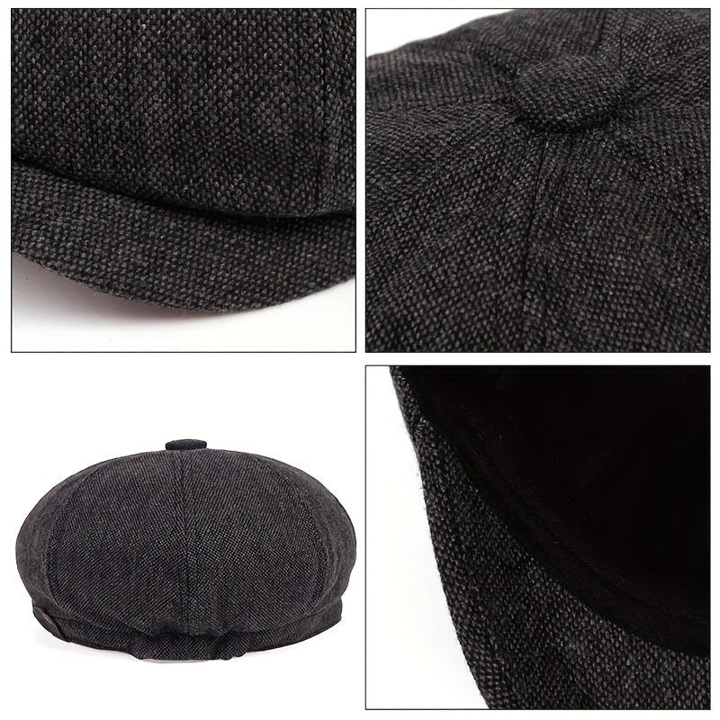 Flat Cap : Baret Heren Zwart - Retro Pet met Acht Stofpanden in Visgraattweed, Casual Gestreepte in van Pantino