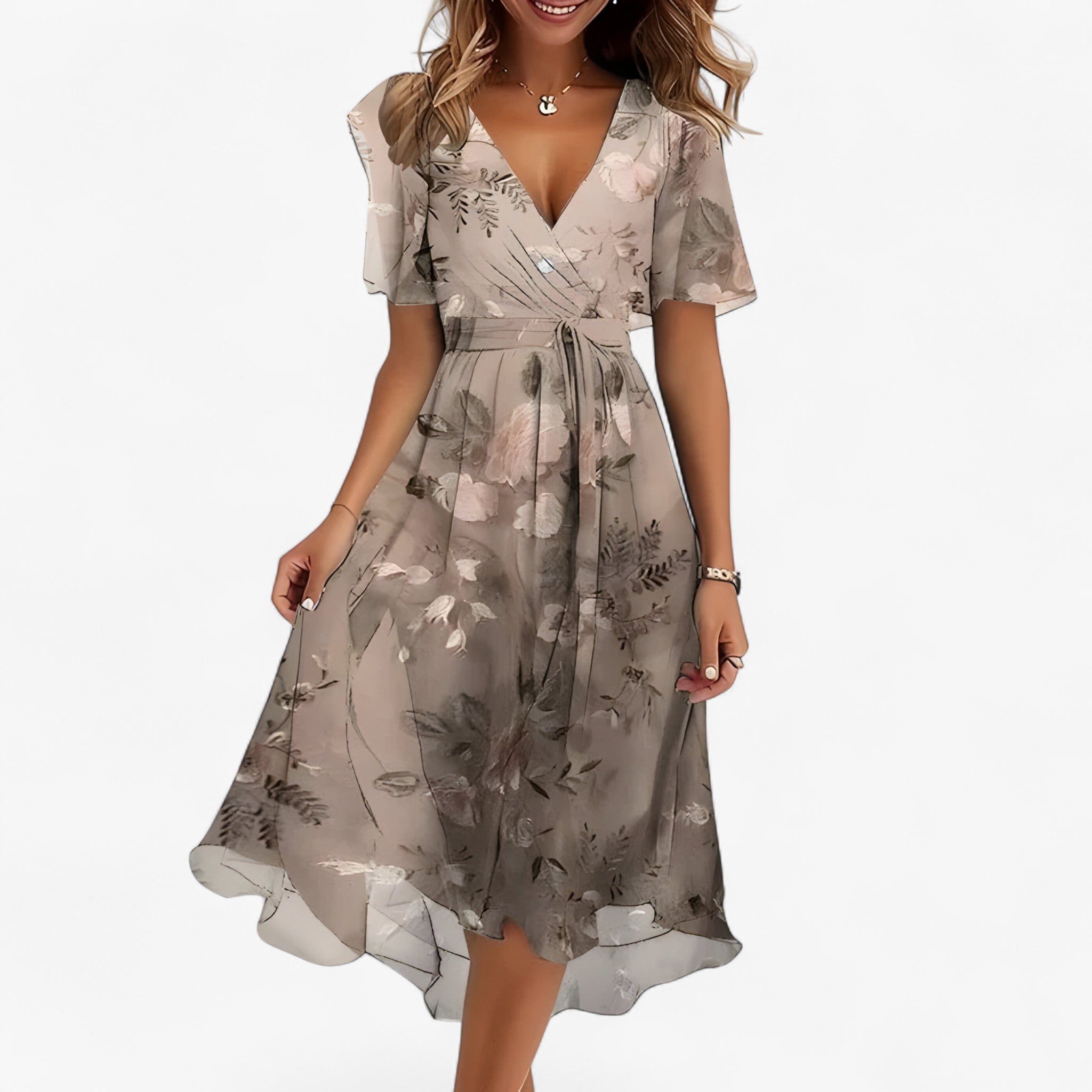 Midi Jurk Bloemen Neutraal van Imitatieleer voor Dames - Elegant, Veelzijdig
