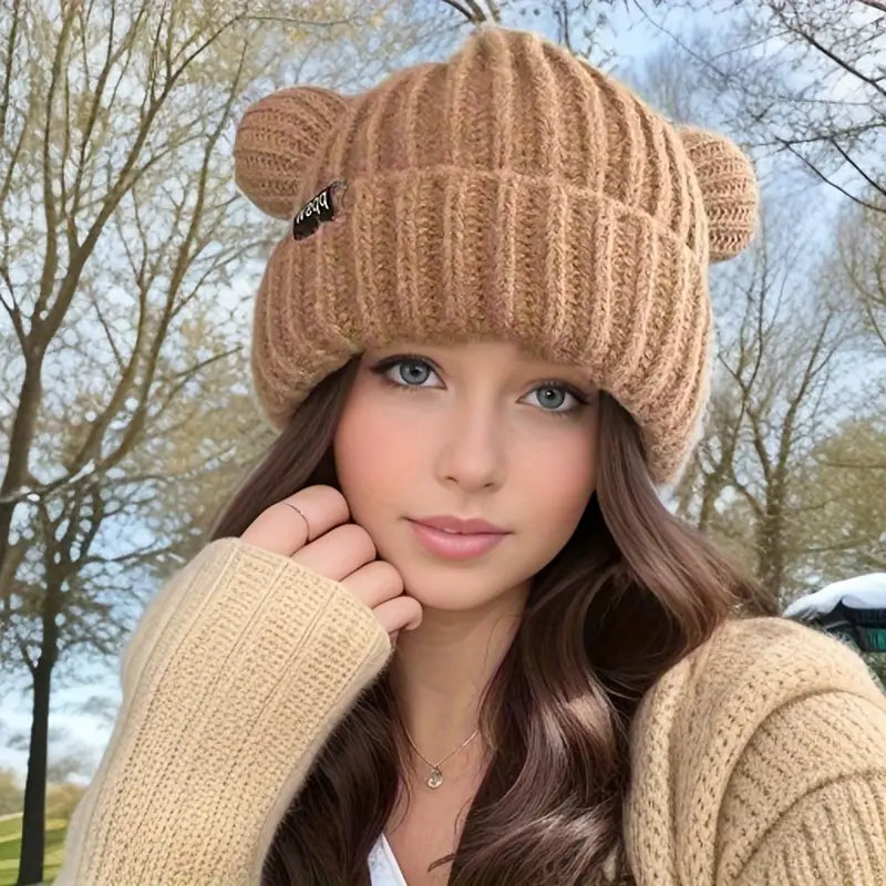 Beanie : Gebreide Muts Kattenoortjes Dames Zwart - Schattig Winter - Acryl in Beige van Pantino