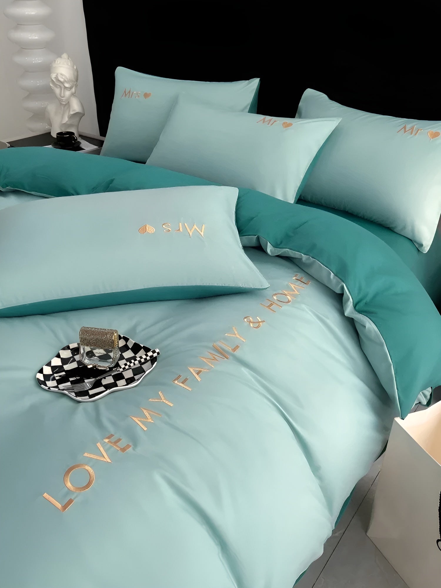 home & garden : Beddengoed Set Roze-Grijs - Ultrazacht Comfortabel Slaap - Microvezel in Blauw-Donkergroen van Pantino
