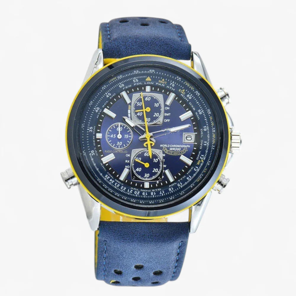 watches : Horloge Blauw (stalen Band) - AeroMaster - Stijlvol en Functioneel Pilotenhorloge in Blauw (leren band) van Pantino