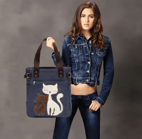 bags : Kat Geborduurde Canvas Tas - Paars in Blauw van Pantino