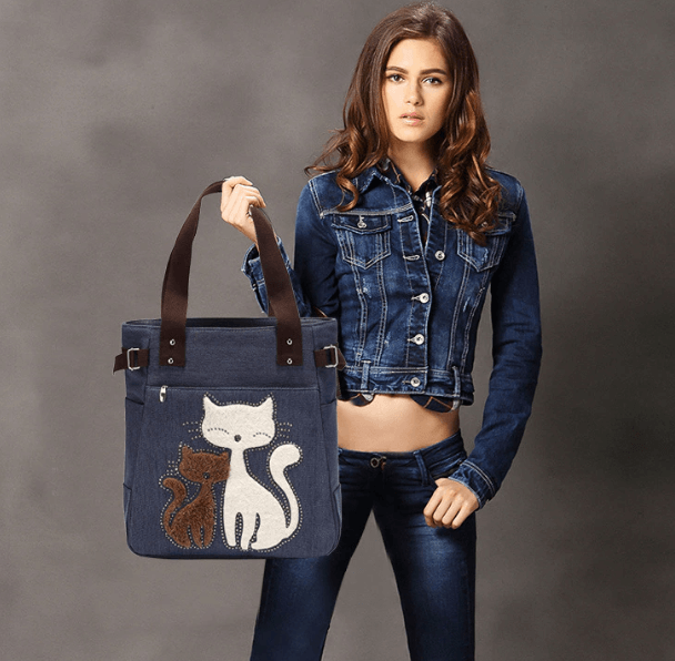 bags : Kat Geborduurde Canvas Tas - Paars in Blauw van Pantino