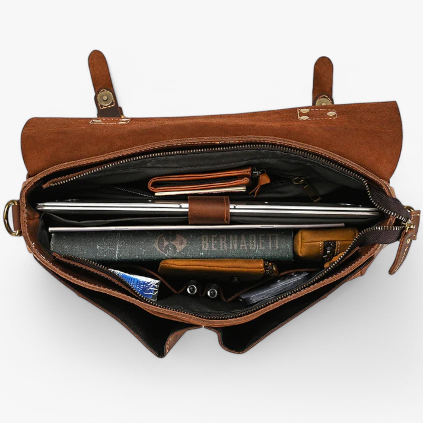 bags : Leren Laptoptas met Schouderband Leer - Donkerbruin in van Pantino