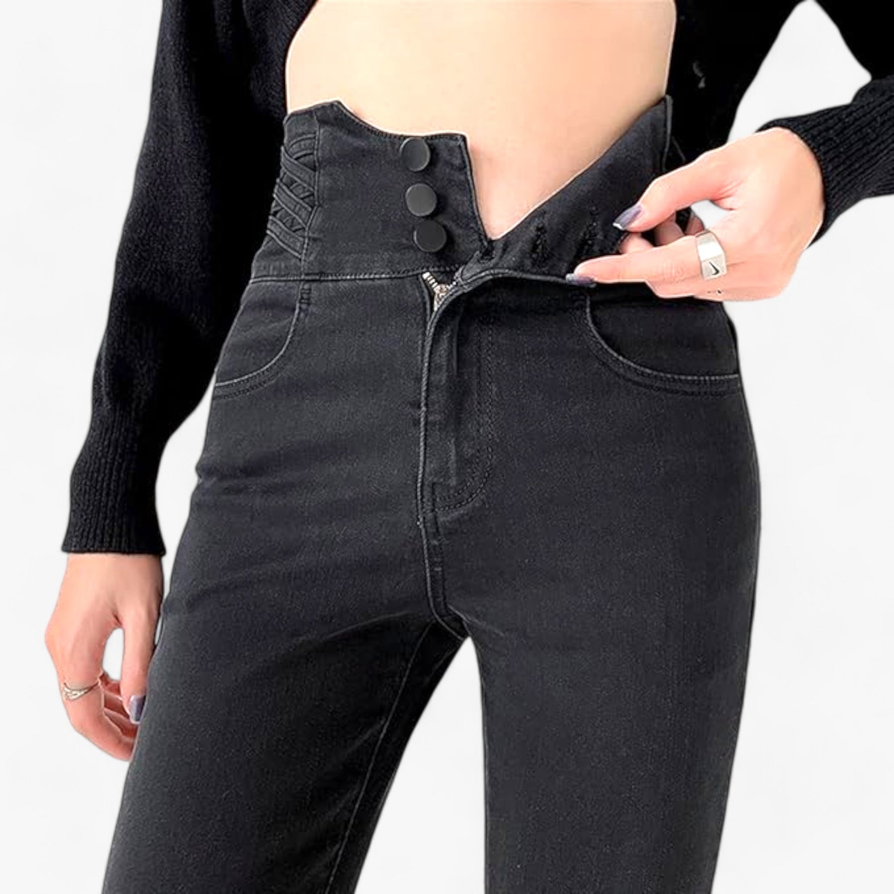 Jeans : Jeans Grijs 3 Knoppen - Skinny Koker - Slanke Stretch voor een Flatterende Pasvorm in Zwart 3 Knoppen van Pantino