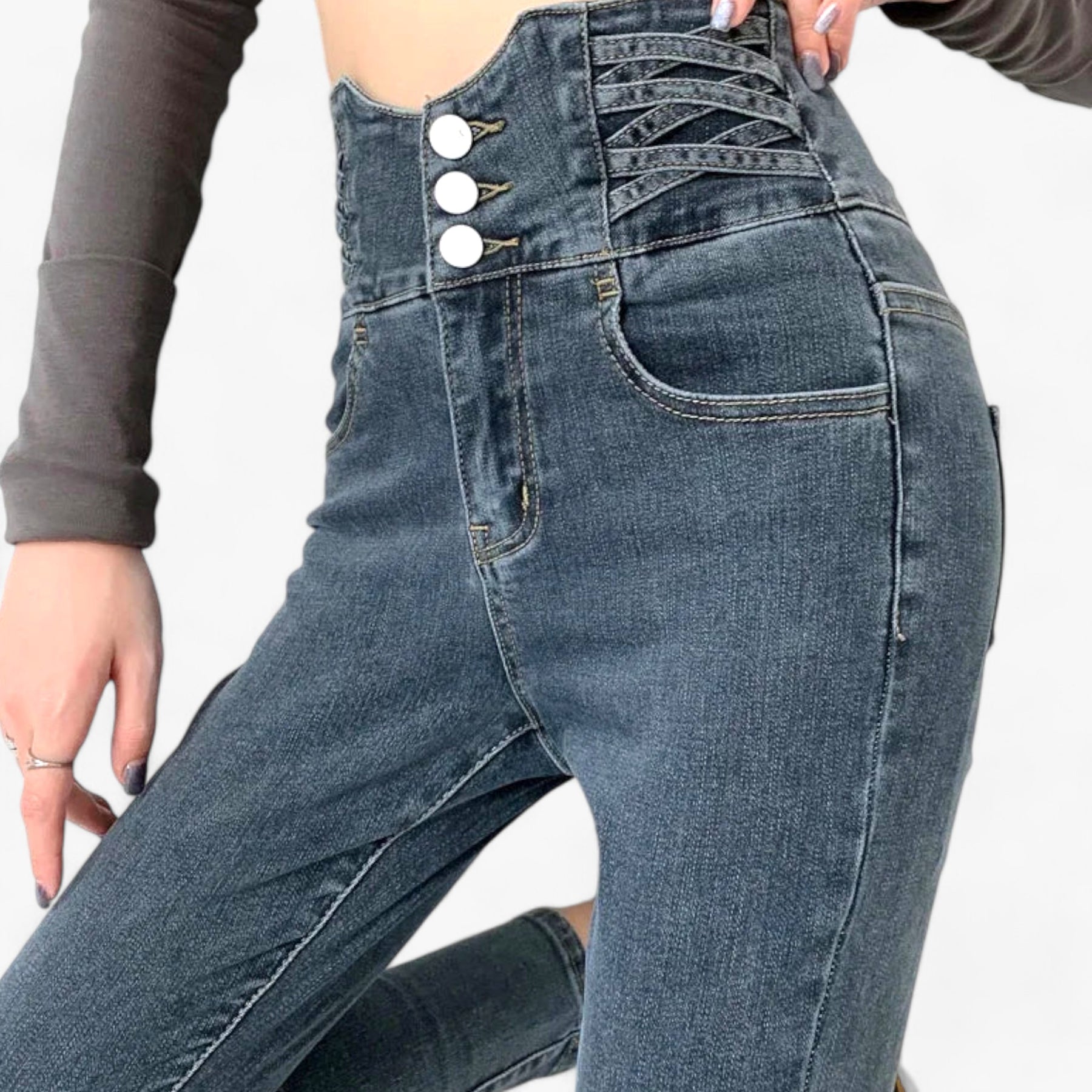 Jeans : Jeans Grijs 3 Knoppen - Skinny Koker - Slanke Stretch voor een Flatterende Pasvorm in van Pantino