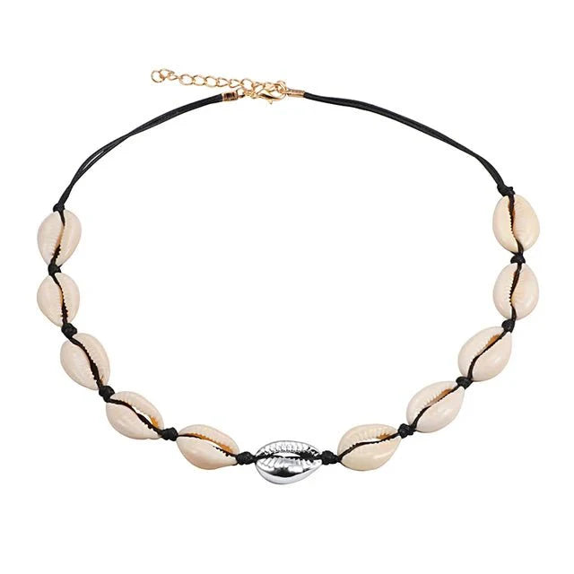 Necklace : Schelpen Ketting Wit - Boheemse Conch Seashell Zomer - Schelp in Zwart Zilver van Pantino
