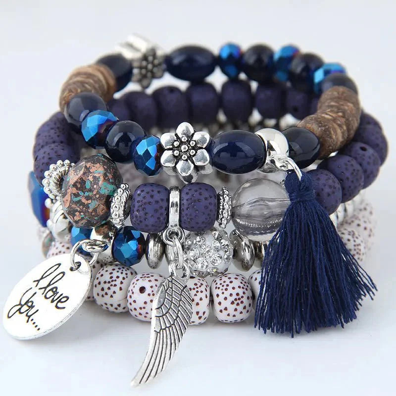 Bracelet : Bohemian Charm Armband Zwart-Goud - Kralen Wrap Stijl - Kralen in Blauw-Bruin van Pantino