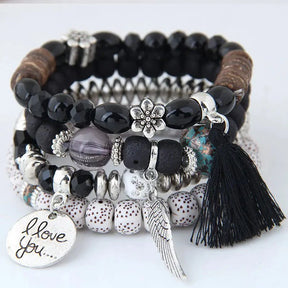Bracelet : Bohemian Charm Armband Zwart-Goud - Kralen Wrap Stijl - Kralen in Zwart van Pantino