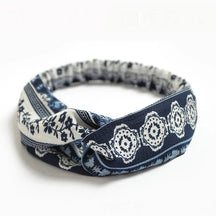 Headband : Hoofdband Lichtblauw - Bohemian Print Vintage Bandana - Katoen in Donkerblauw Wit van Pantino