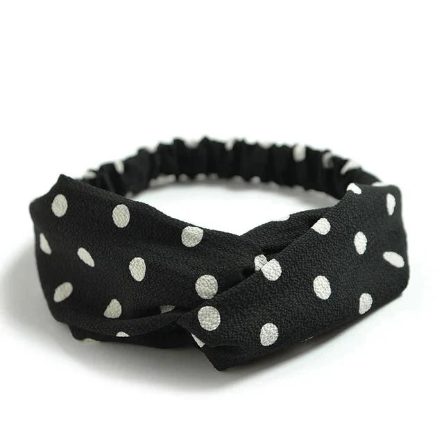 Headband : Hoofdband Lichtblauw - Bohemian Print Vintage Bandana - Katoen in Zwart Stippen van Pantino