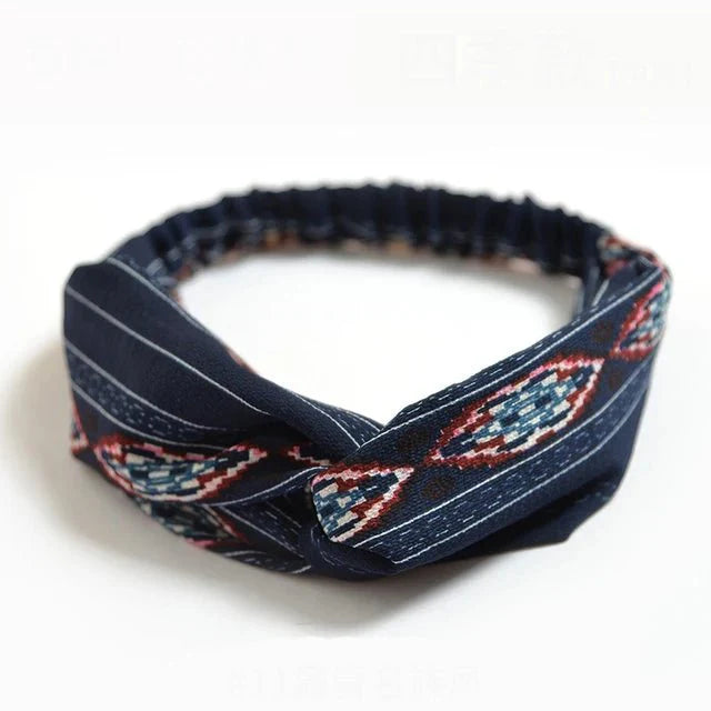 Headband : Hoofdband Lichtblauw - Bohemian Print Vintage Bandana - Katoen in Donkerblauw van Pantino