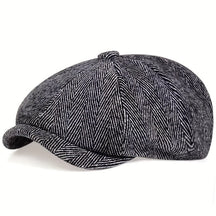 Flat Cap : Baret Heren Zwart - Retro Pet met Acht Stofpanden in Visgraattweed, Casual Gestreepte in Grijze Wol van Pantino
