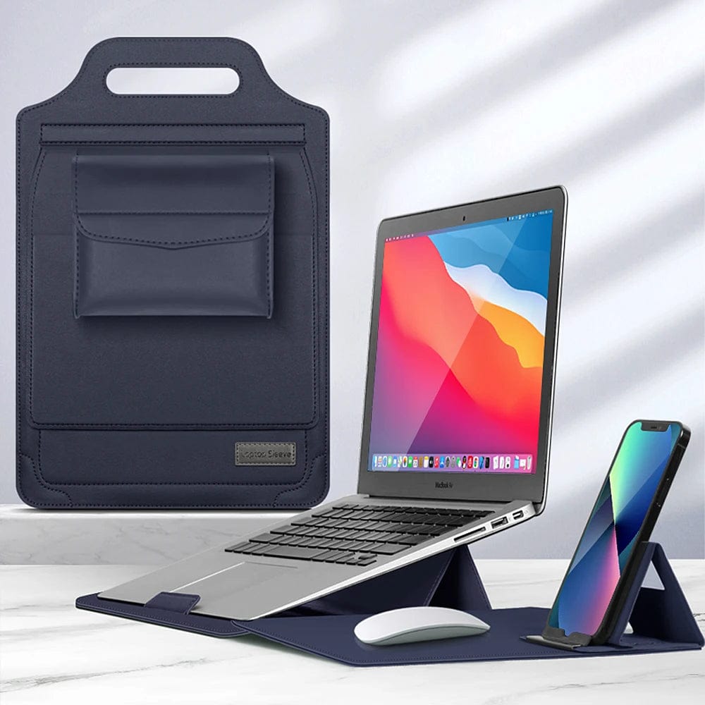 Laptop Sleeve : Laptophoes Bruin - Stijlvolle Veelzijdige Werkplek - Leer in Marineblauw van Pantino