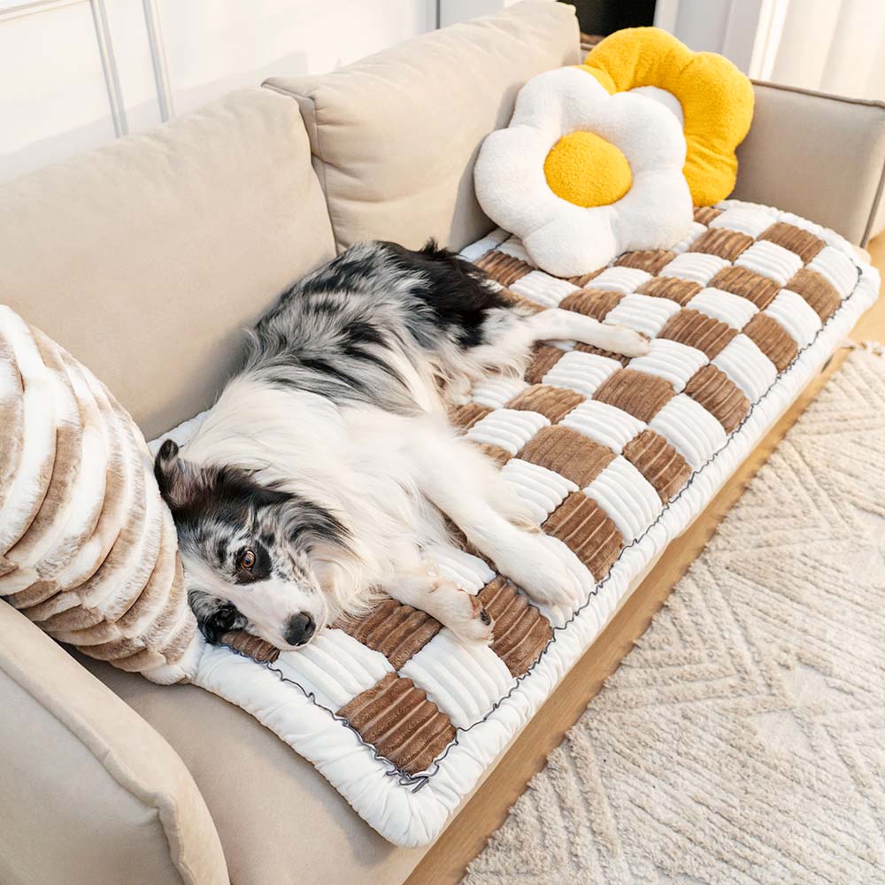 pets : Geruit Bankovertrek Bruin - Grote Vierkante Mat Crème - Wol in van Pantino