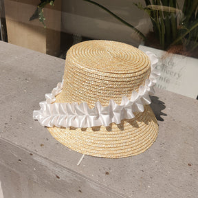 Bucket Hat : Hoed Khaki - Gestreepte Geplooide Rieten Emmerhoed in van Pantino