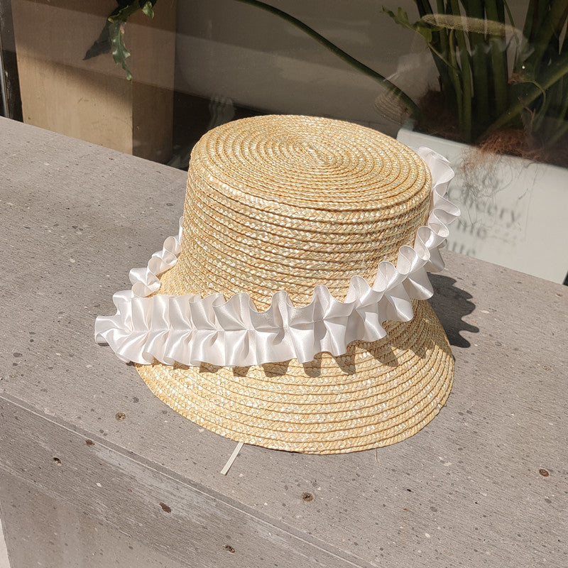 Bucket Hat : Hoed Khaki - Gestreepte Geplooide Rieten Emmerhoed in van Pantino