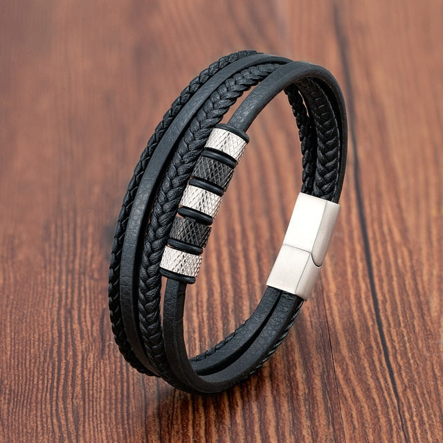 Bracelet : Heren Leren Armband Zwart Gevlochten - Multilayer & Stijlvol Design in Beads Silver 20.5cm van Pantino