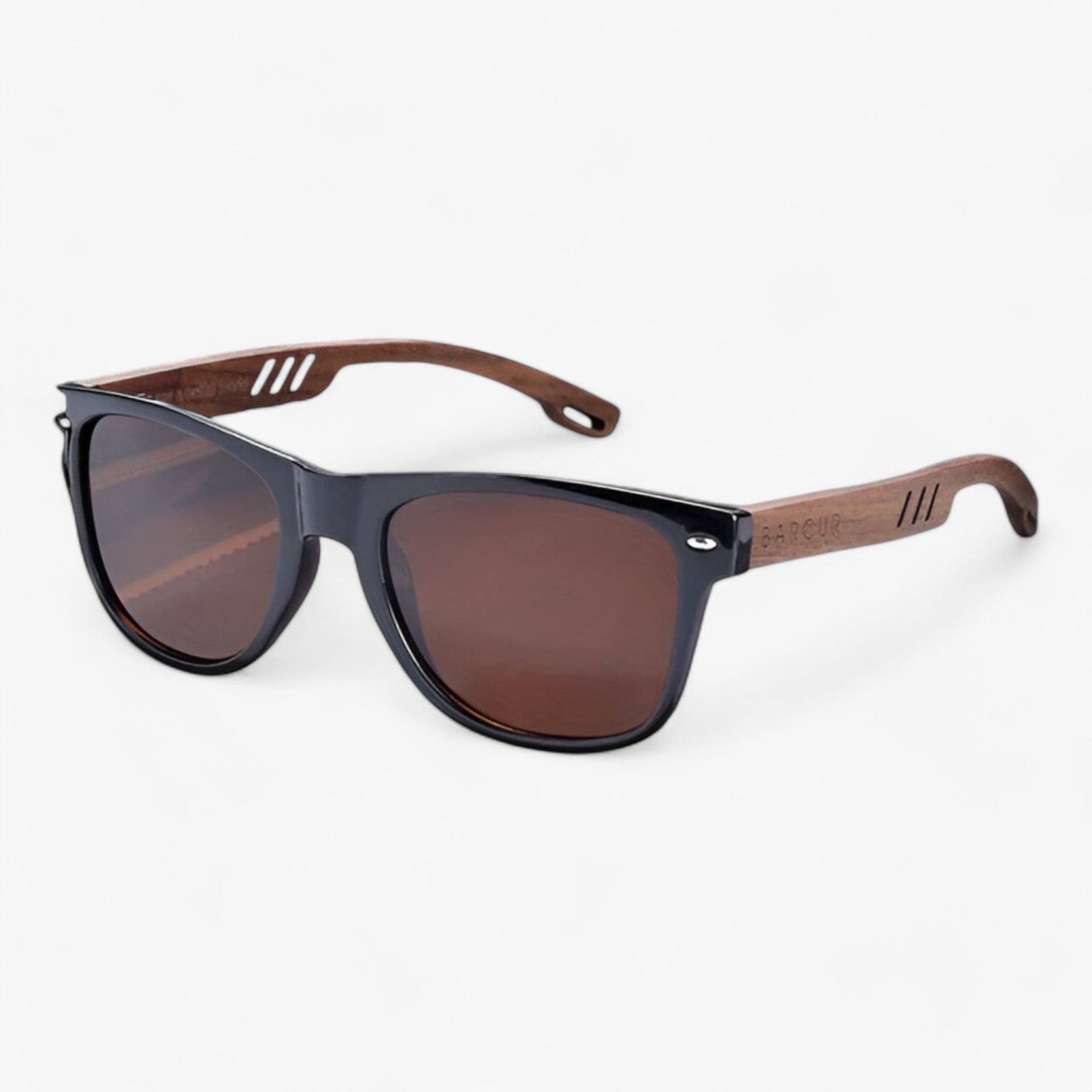 Sunglasses : Barcur, Klassieke Coole Houten Tempels Zonnebril, UV400 Gepolariseerde Zonnebril - Glanzend Zwart in Bruin van Pantino
