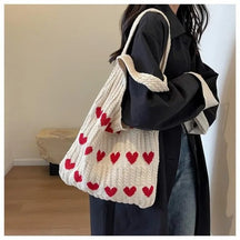bags : Gebreide Handtas Dames Bruin - Hart Decoratie - Wol in Wit van Pantino