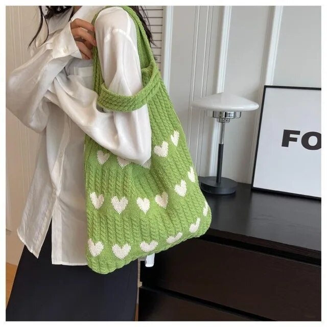 bags : Gebreide Handtas Dames Bruin - Hart Decoratie - Wol in Groen van Pantino