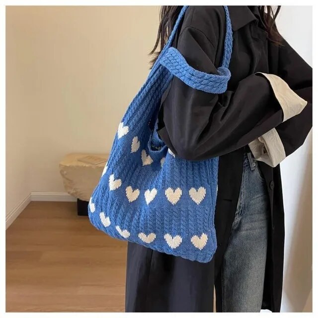 bags : Gebreide Handtas Dames Bruin - Hart Decoratie - Wol in Blauw van Pantino