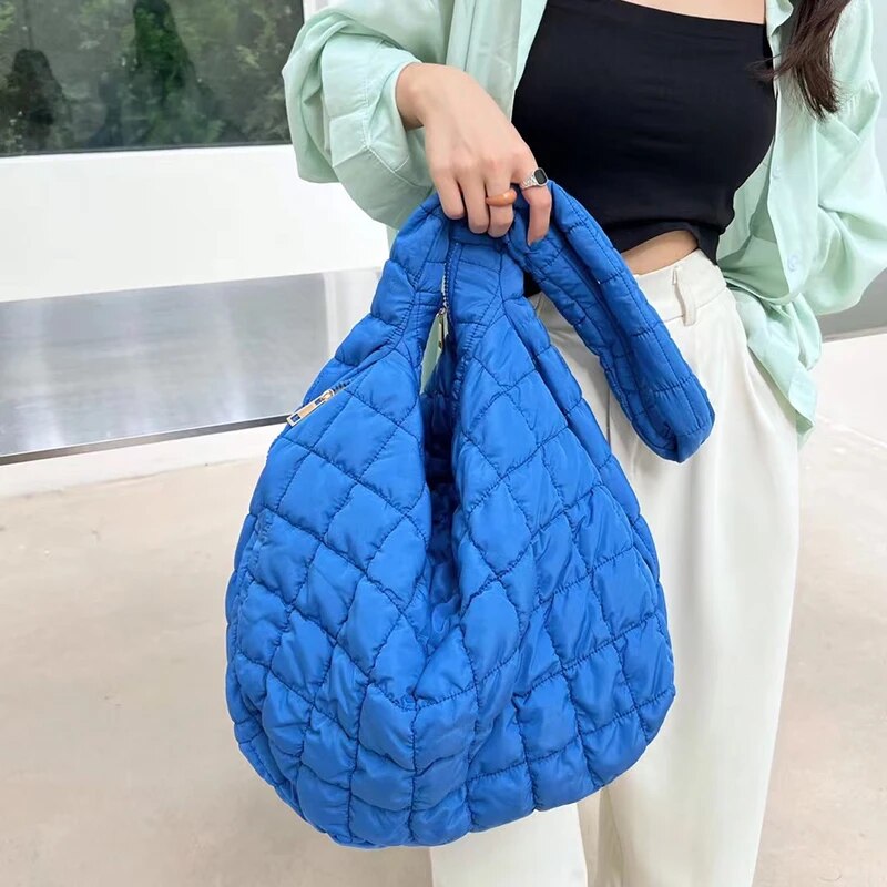 bags : Schoudertas Dames - Gewatteerd Nylon Ritssluiting - Nylon in Blauw groot van Pantino