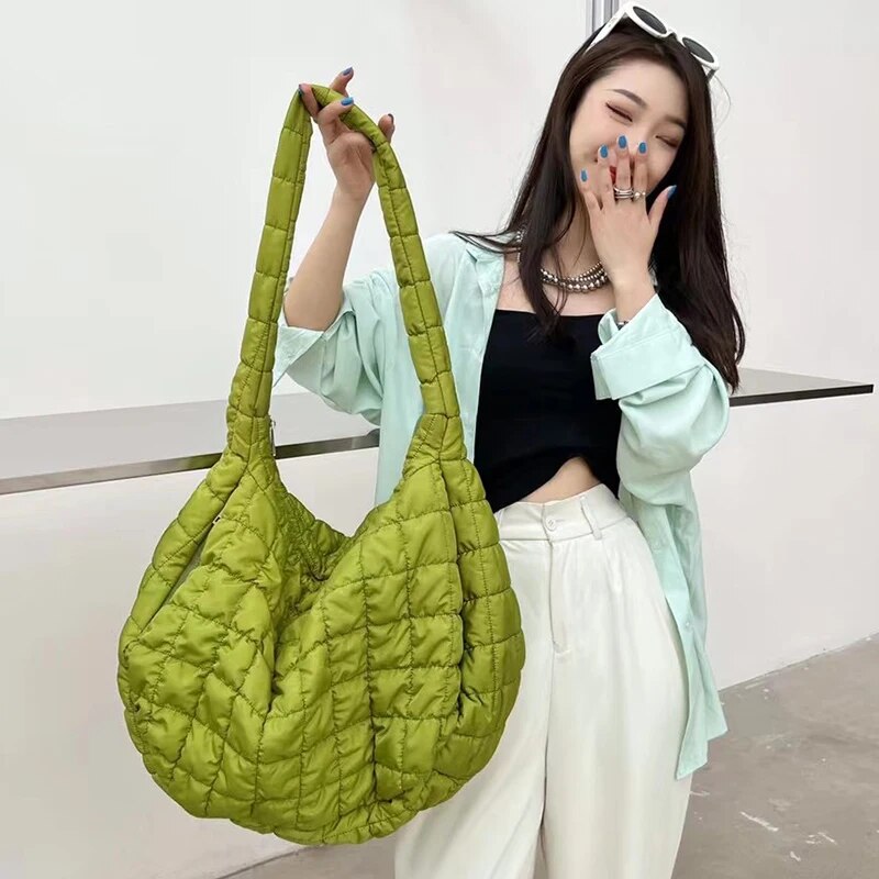 bags : Schoudertas Dames - Gewatteerd Nylon Ritssluiting - Nylon in Groen groot van Pantino