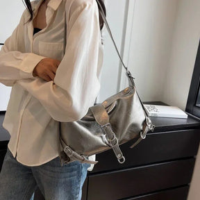 bags : Casual Schoudertas Dames Wit - Rits- en Gespsluiting - Synthetisch Leer in Zilver van Pantino