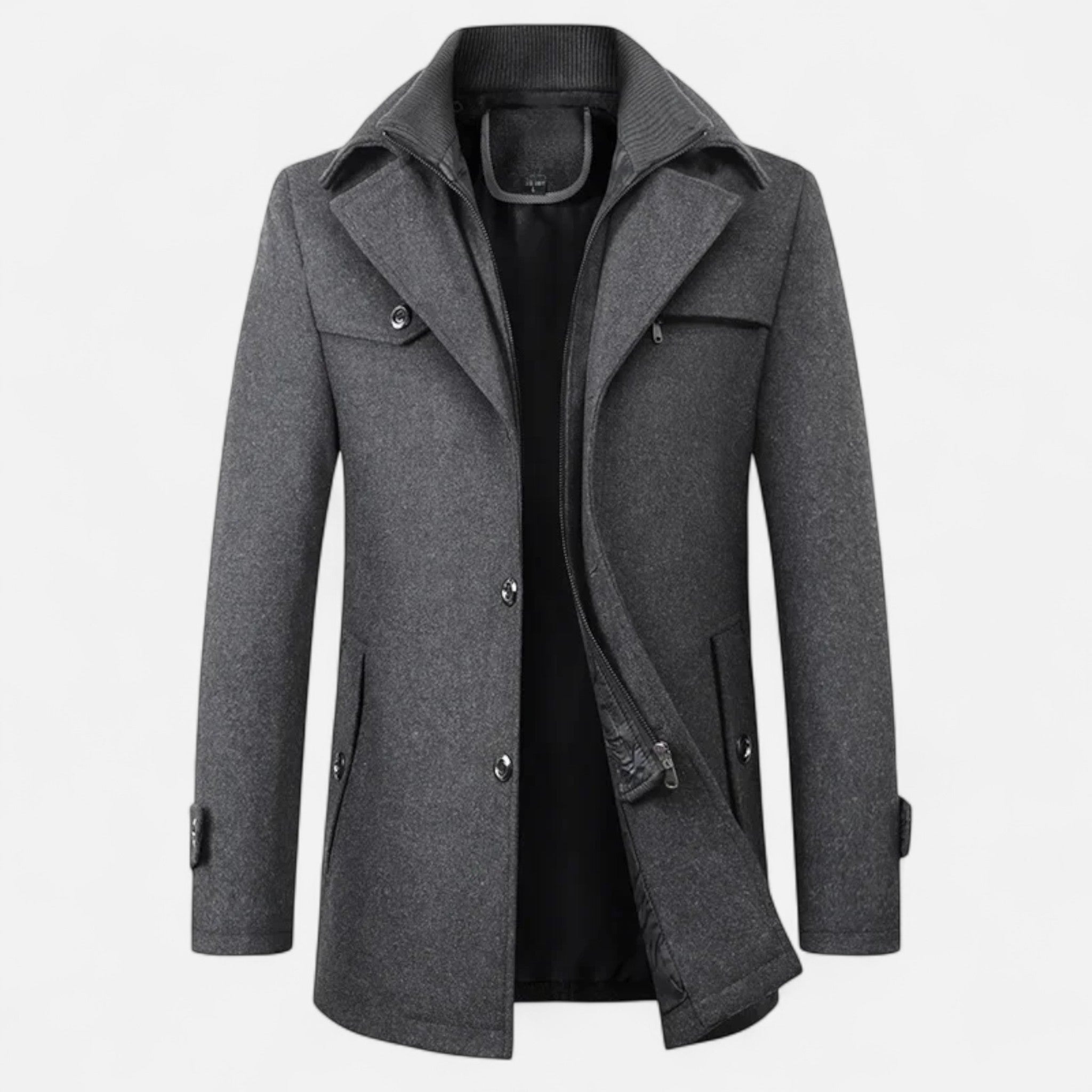 Men > Coats : Wollen Heren Trenchcoat met Dubbele Kraag en Ritssluiting in van Ancienne Monde