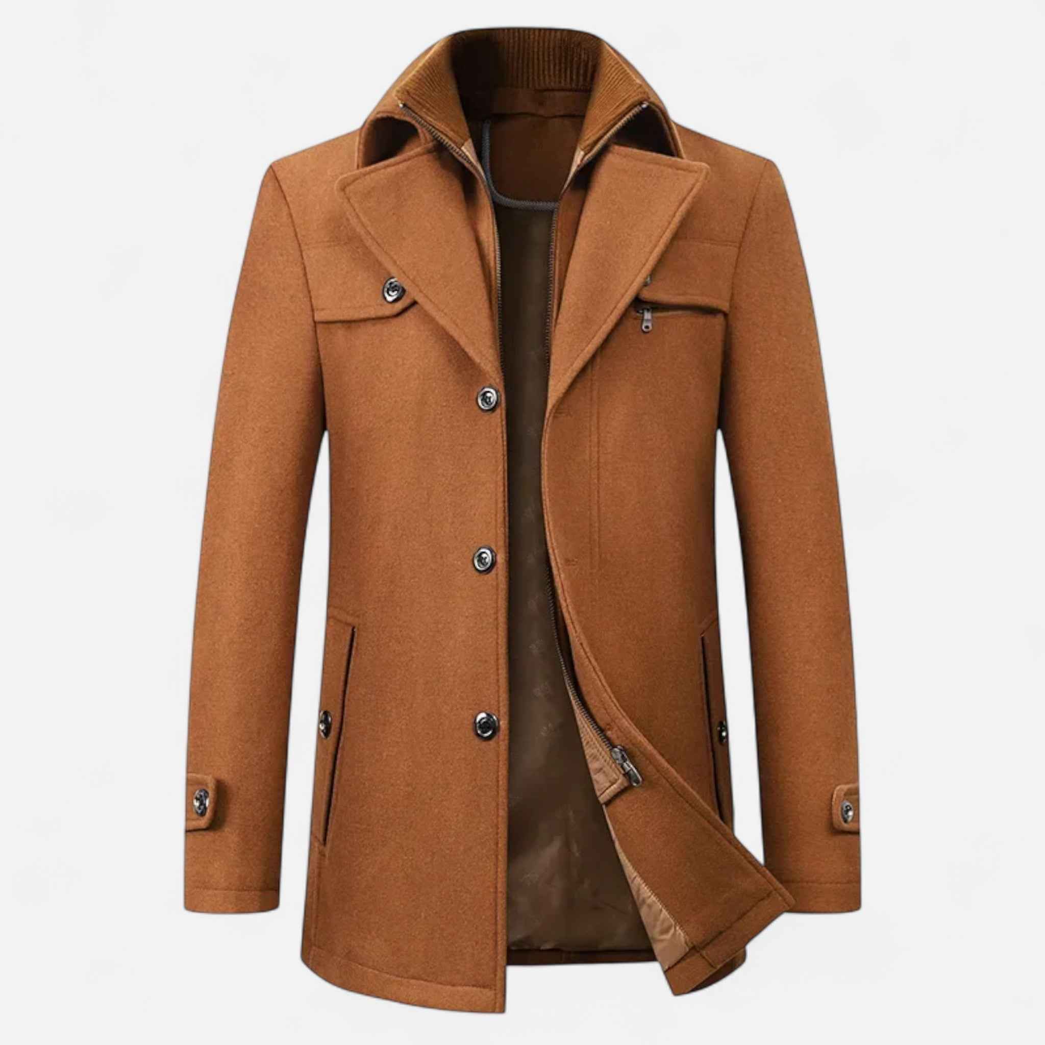 Men > Coats : Wollen Heren Trenchcoat met Dubbele Kraag en Ritssluiting in van Ancienne Monde