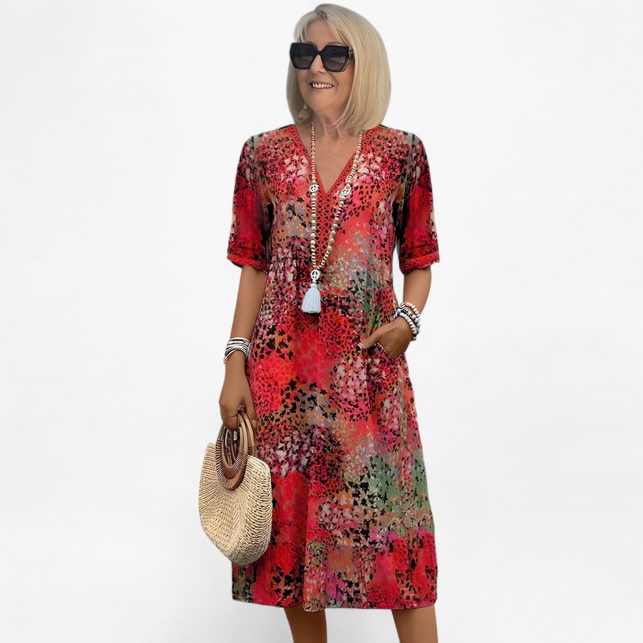 Dresses : Dames Elegante Zomerse Gebloemde Midi Jurk voor Ceremonies en Speciale Gelegenheden in Rosso van Pantino