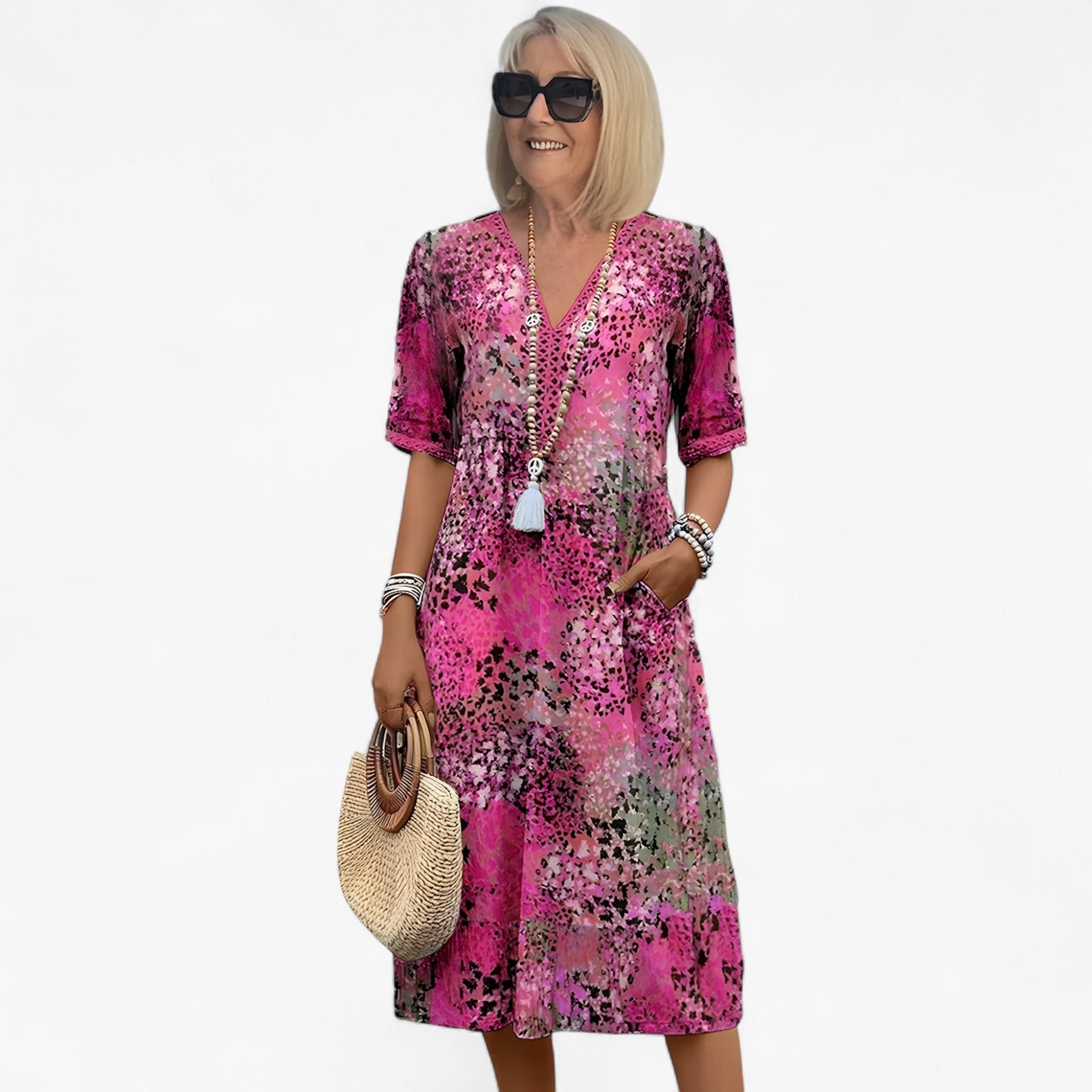 Dresses : Dames Elegante Zomerse Gebloemde Midi Jurk voor Ceremonies en Speciale Gelegenheden in Rosa chiaro van Pantino