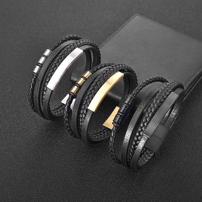Bracelet : Heren Leren Armband Zwart Gevlochten - Multilayer & Stijlvol Design in van Pantino