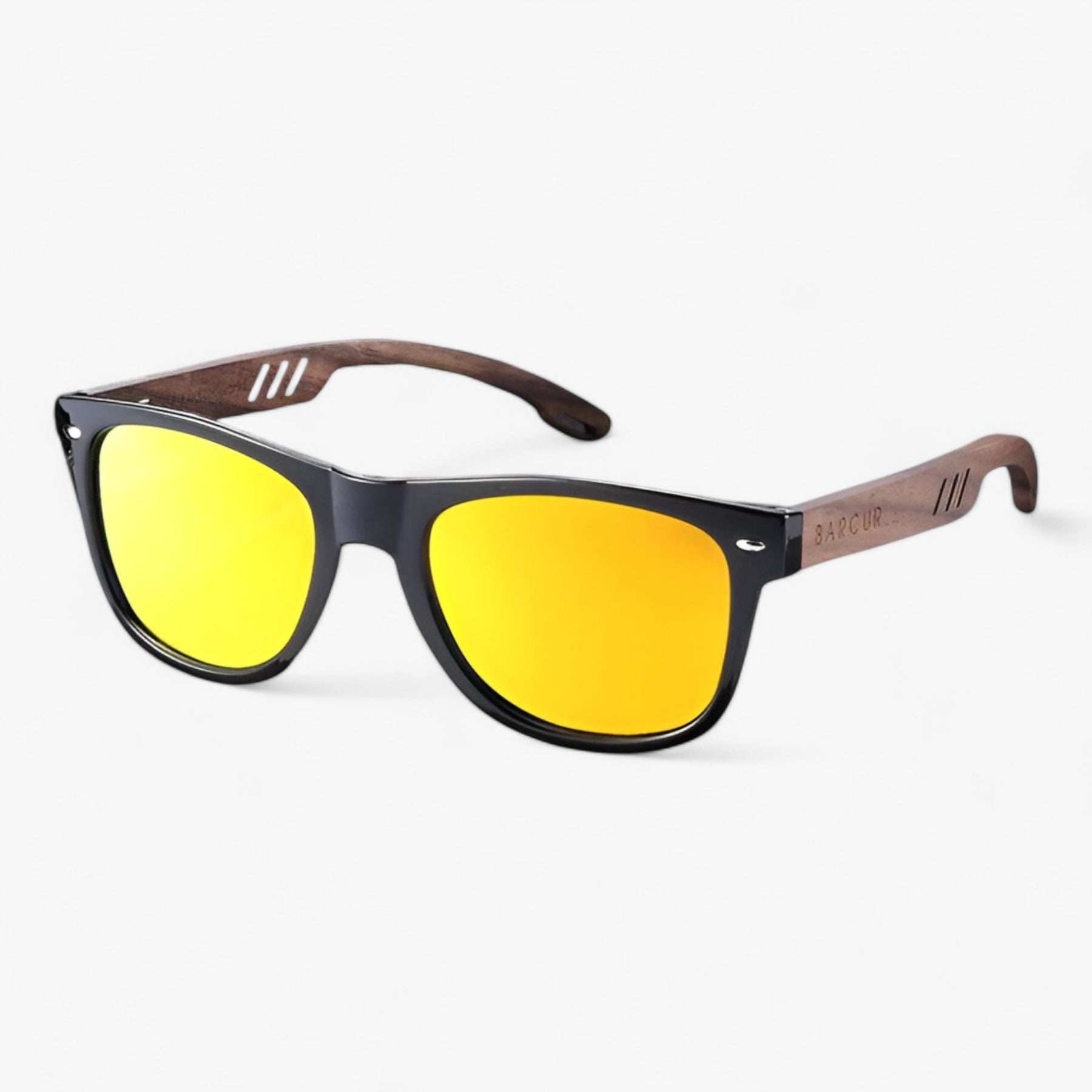 Sunglasses : Barcur, Klassieke Coole Houten Tempels Zonnebril, UV400 Gepolariseerde Zonnebril - Glanzend Zwart in Oranje van Pantino